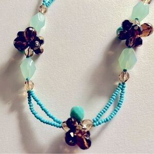 Necklace Amazonite, Turquoise Seed Beads Bronze & Smoky Topaz Crystals 16”